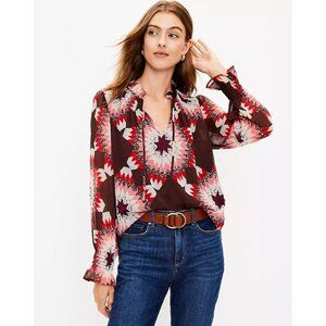 NWT Women's - LOFT Garden Smocked Ruffle Tie Neck Blouse, Size Small